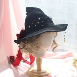 Lolita Halloween Retro Witch Hat Masquerade Rose Big Bow Wizard Hat Gothic Magical Girl Hat Cosplay Accessories Party Decor