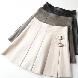 Skirts Real Sheepskin Leather Skirt For Women 2023 High Waist A Line Pleated Mini Korean Fashion Short Spring Autumn