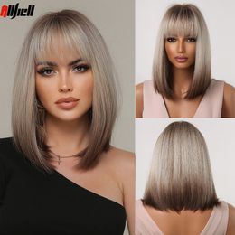 Synthetic Wigs Short Straight for Women Blonde to Brown Ombre Bob with Bangs Daily Cosplay Party Heat Resistant Fake Hair 230629
