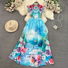 Vintage Palace Style Temperament Flying Sleeves V-Neck Waistband Single breasted A-line Print Dress Elegant Large Swing Long Dress