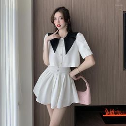 Women's Tracksuits Summer Big Pointed Collar Tweed 2 Piece Set Women White Short Jacket Coat Mini Ball Gown Pleated Skirt Suit 2023