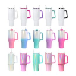 US STOCK 40oz Sublimation Gradient Glitter Tumbler with Handle Shimmer Tumbler Stainless Steel big capacity Beer Mug Insulated Travel Mug Travel Coffee Mug