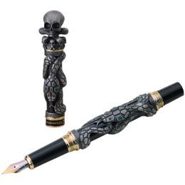 Pens Gray Jinhao Snake Metal Fountain Pen Skull Skeleton Pen Cap Heavy Ink Pen Iridium EF/F/M//Bent Nib Office Business Writing Pen