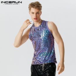 Men's Tank Tops Men Tank Tops Sparkling O-neck Sleeveless Streetwear Hollow Out Vests Summer Sexy Fashion Party Men Clothing S-5XL INCERUN 230628