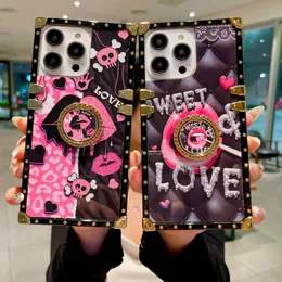 Fashion Skull Lips Queen Diamond Ring Holder Square Case For iPhone 15 14 13 12 11Pro mini Max XR XS 6S 7 8Plus SE2 Colourful Pink Cover