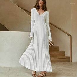 Casual Dresses Women Knitted Maxi Dress Autumn Winter Elegant Pleated A-line Long Female Clothes V-neck Ladies Sweater Robe