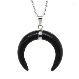 Pendant Necklaces KFT Natural Black Onyx Agate Crescent Moon Double Horn Stone Link Chain Necklace Jewelry For Women Men Girls Gift