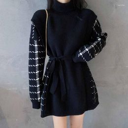 Casual Dresses 2023 Spring And Winter Long-sleeved Plaid Knitted Dress Loose Black Turtleneck For Women