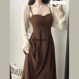 Casual Dresses 2023 Summer Autumn French Vintage Two Piece Set Women Elegent Korean Party Midi Dress Female Sexy Strap Backless Evening