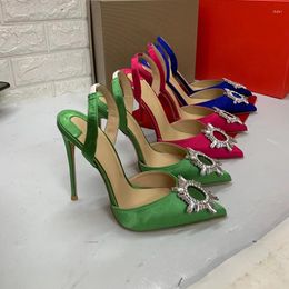 Sandals Customised Colour Satin Cloth Sunflower Buckle Pointy Toe Slingback Women High Heels Shoes