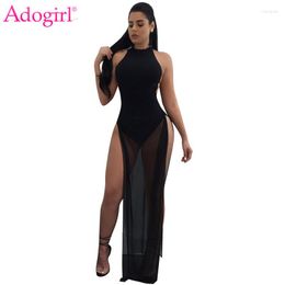 Casual Dresses Adogirl Mesh Patchwork Halter Backless High Slit Sexy Dress Solid Night Club Bodysuits Maxi Summer Beach Vestidos