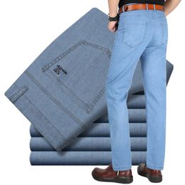 Mens Jeans Summer Thin Ice Silk Middleaged High Waist Business Casual Stretch Straight Leg Long Pants 230629