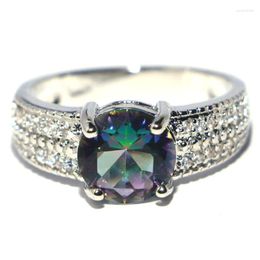 Cluster Rings 20x8mm Stunning Fire Rainbow Mystical Topaz White CZ Wholesale Drop Silver