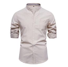 Spring and Summer Slim Fitting Standing Collar Shirt for Men's Cotton and Linen Casual Fashion Long Sleeved Shirt for Men