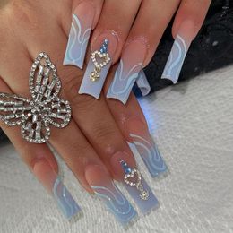 False Nails 24PCS Light Blue Long Ballet Flame Rhinestone With Pendant Heart Charm Glue Nail Tips Wearing Artificial