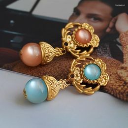 Backs Earrings Vintage Women's Niche Unique Court Style Opal Premium Teardrop Golden Flower Earless Ear Clips