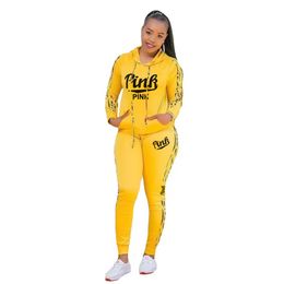 Women s Tracksuits Arrival Fashion Design 2 pc Set Print Hooded Letters Tops Long Pants Elastic Outfits 230629