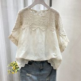 Women s Blouses Shirts Cotton embroidery hollow short sleeved shirt female 2023 summer Korean design sense of fashion temperament casual tops 230629