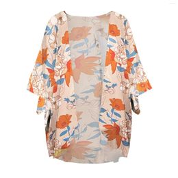 Women's Blouses Womens Leaf Print Puff Sleeve Kimono Cardigan Loose Cover Up Casual Shirt Top Work Clothes Sweater Knit