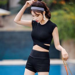 Women's Swimwear Women Swimsuit Summer Retro Black Split Boxer Short-Sleeved High-Waist Conservative Slimming Korean Spring Student