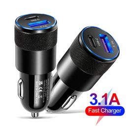 Type C USB 2 Port Car Charger Phone Charger 3.1A Fast Charging 12V 15W Cigarette Lighter Adapter Power Outlet for iPhone Samsung 838D