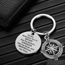 Portachiavi Remember You're Brave Keychain Round Bar Disc Stainless European American Inspirational Bussola Portachiavi Regalo Gioielli Drop Dhcxg