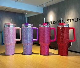 Mugs 40oz Diamond Mug Tumbler With Handle Insulated Lids Straw Stainless Steel Coffee Termos Cups Heat Press 230727