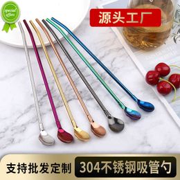 New 304 stainless steel dual-purpose straw spoon coffee milk tea beverage straw stirring spoon wholesale birthday decoration