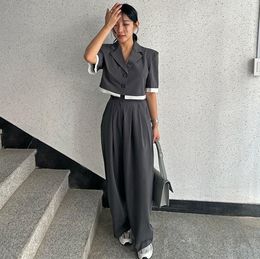 Women's Pants Korean Chic Summer Vintage Color Short-sleeved Suit Jacket High Waist Straight Moped Casual Women