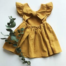 16191 Summer Baby Girls Cotton Linen Dress Fly Sleeve Backless Bowknot Princess Skirt Children Casual Dresses