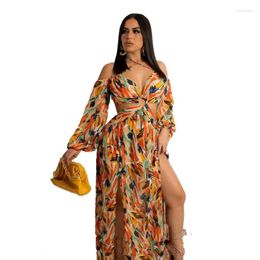 Casual Dresses Echoine Lace Up Halter Off Shoulder Long Sleeve Print Maxi Dress For Women V-neck Elegant Vintage Vestidos Summer Holidays