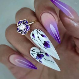False Nails Long Stiletto Press On Purple Flower Fake With Designs Full Cover Detachable Rose Red Almond For Women