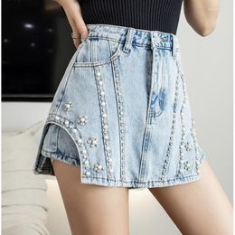 Skirts Summer Beaded Diamond Denim Skirt Women's Culottes Sexy Asymmetrical Short Women Fashion Trend