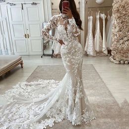 2023 Bohemian Full Lace Mermaid Wedding Dresses Champagne Chapel Train Long Sleeves High Neck Boho Beach Bridal Gowns Summer Vestido De Novia