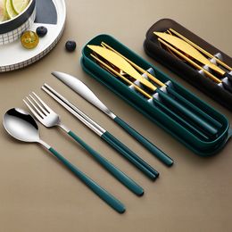 Dinnerware Sets Portable Travel Tableware Set Stainless Steel Dinnerware With Box Kitchen Fork Spoon Dinner Set For Kid School Cutlery 230628