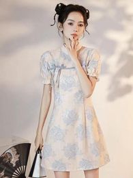 Ethnic Clothing Oriental Young Girls Print Flower Cheongsam Vestidos Asian Women Sexy Mini Qipao Chinese Style Ladies Party Dress Retro Qi