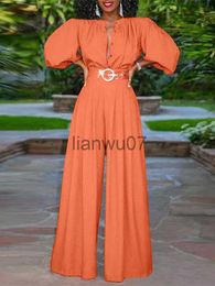 Women's Jumpsuits Rompers Fashion 2023 Women Jumpsuits Casual 34 Puff Sleeve Long Rompers Elegant Pleated Oneck Buttons Wide Leg Pants Overalls J230629