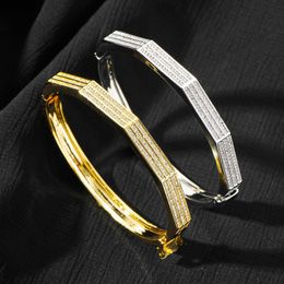 New Geometry Open Cuff Bangle Bracelet Real Gold Plated Simple Three Rows Iced Out Cz Cubic Zirconia Personalised Bracelets Womens Mens Hip Hop Jewellery Accessories
