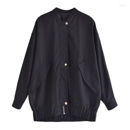 Women's Jackets 2023 Style Stand-up Collar Long-sleeved Casual Loose Long Version Bomber Jacket Coat Black Simple All-match Top