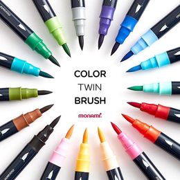 Markers Monami Colour Twin Brush Watercolour Brush Pen Double Head Art Markers Sketching Painting Brush Lettering 04038