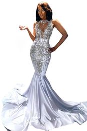 Black Girls Satin Mermaid Prom Dresses Sheer Mesh Top Crystals Beaded Top Sweep Train Celebrity Evening Gowns