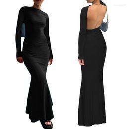 Casual Dresses Women Bodycon Long Dress Evening Party Autumn Clothes Sleeve Fishtail Hem Backless Sexy Club Y2k Streetwear