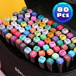 Markers 80 Colors DoubleHeaded Marker Pen Set Student Animation Drawing Art Marker Kids Painting Pens Watercolor Pen School Supplies