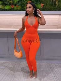 Womens Jumpsuits Rompers Simenual Ribbed Backless Criss Cross Rompers Womens Jumpsuit Sporty Workout Fitness Solid Casual One Piece Outfits Sleeveles J230629