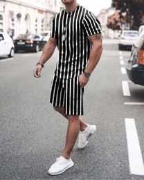 Men s Tracksuits Summer Fashion Suit Casual Beach Shorts Set 3D Print Stripe Short Sleeve T Shirt Round Neck Man Clothing 2 Piece Outfits 230629