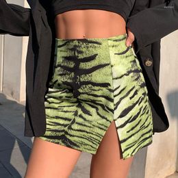 Skirts BKLD Fashion Green Tiger Print Women High Waist A-line Mini Skirt With Slit Sexy Party Night Club Short 2023 Spring Summer