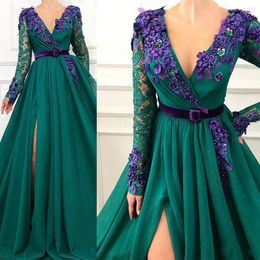 Party Dresses 2023 Women's Evening Arab Dubai Long Sleeve Sexy Deep V-Neck Lace Princess Prom Gowns Beaded Celebrity Vestidos De