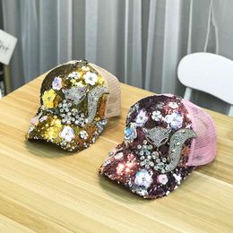 Ball Caps Fashion Summer Ladies Baseball Cap Shiny Colour Sequin Mesh Cap Girl Party Sunshade sun Hat 230628