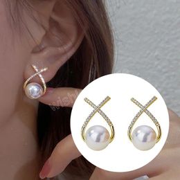 New Korean Rhinestone Simulated Pearl Earrings Fashion Letter X Geometric Stud Earring For Women Elegant Party Wedding Jewelry
