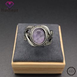 With Side Stones HuiSept Vintage 925 Silver Ring Amethyst Gemstone Flower Shaped Fashion Jewellery Rings for Female Wedding Party Gift Wholesale 230629